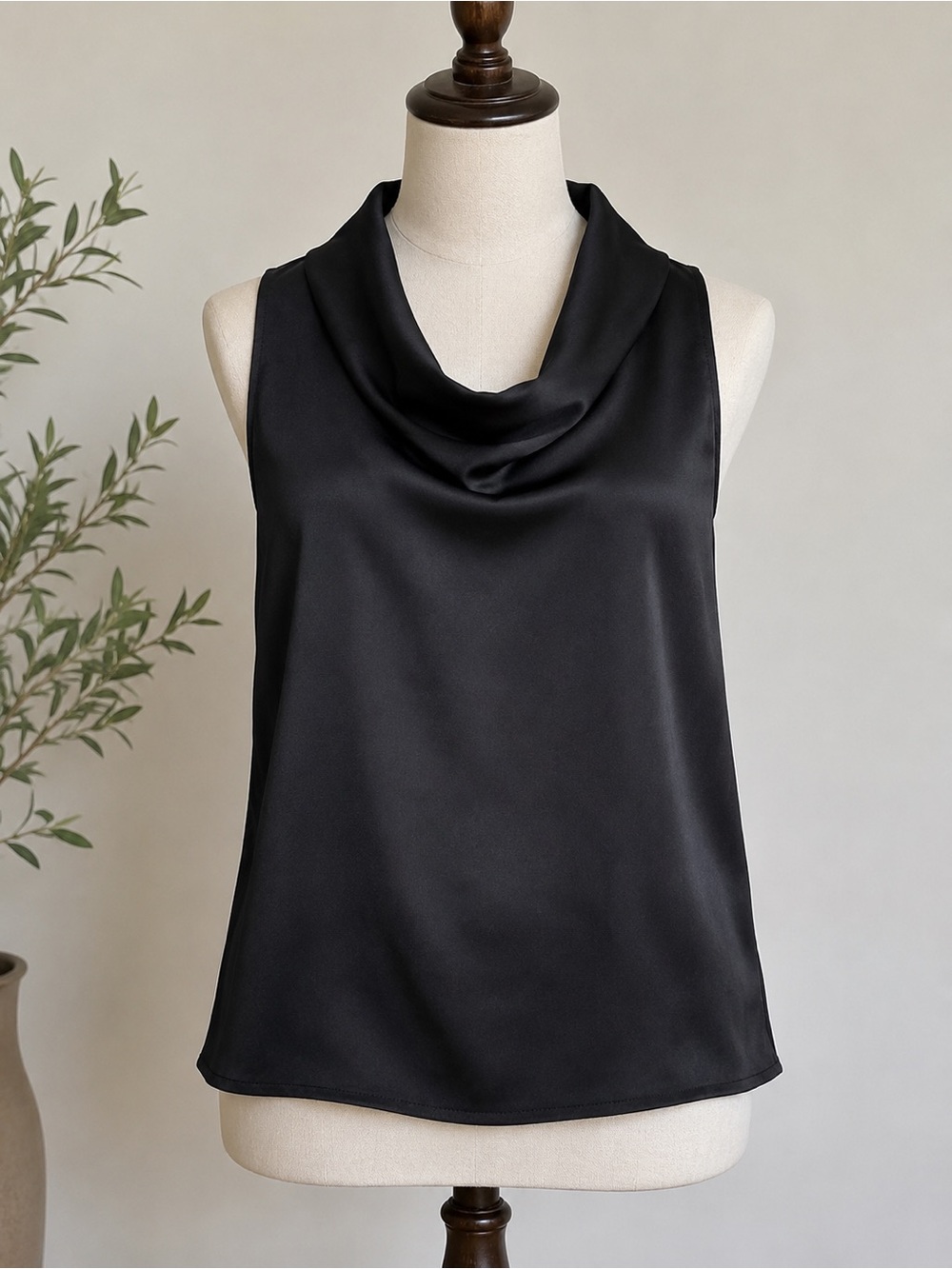 Lulus Black Satin Cowl Neck Sleeveless Blouse Top XL NWT